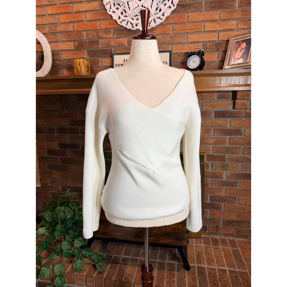 French Connection Wrap V Neck Sweater Womens Cream Ribbed Knit Wool Blend M